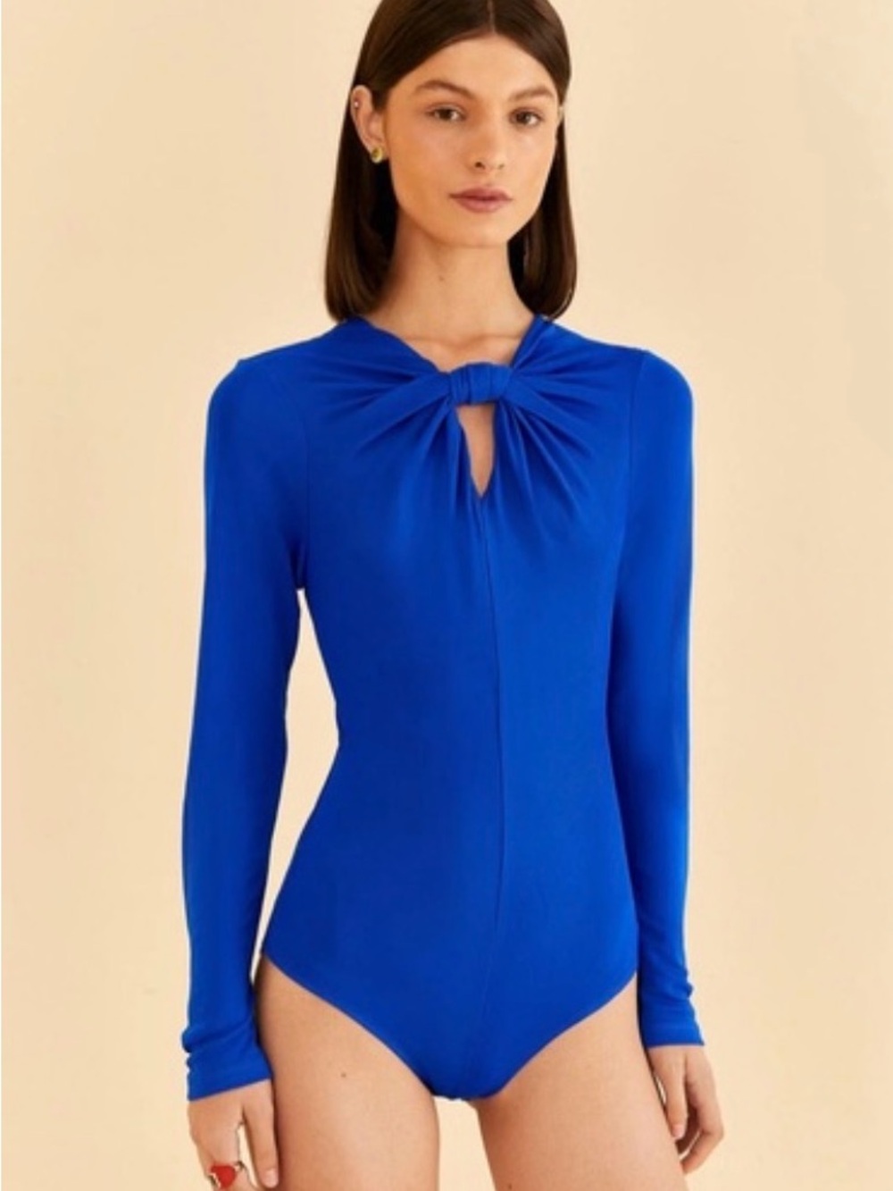 FARM Rio Royal Blue Long-Sleeve Bow Front Bodysuit